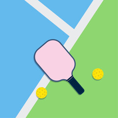 Top view of pickleball court with pink paddle and yellow balls. Colorful trendy vector illustration.