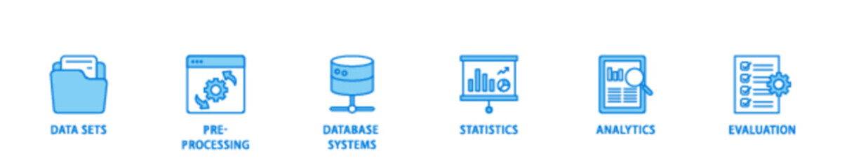 Data mining icon set flow process illustrationwhich consists of data sets, pre processing, database systems, statistics, analytics and evaluation icon live stroke and easy to edit 