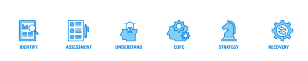 Crisis management icon set flow process illustrationwhich consists of recovery, strategy, understand, assessment, identify, cope icon live stroke and easy to edit 