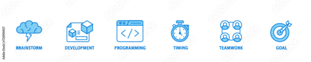 Poster hackathon icon set flow process illustrationwhich consists of brainstorm, development, programming, 