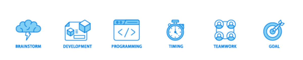 Hackathon icon set flow process illustrationwhich consists of brainstorm, development, programming, timing, speed, teamwork, and goal icon live stroke and easy to edit 