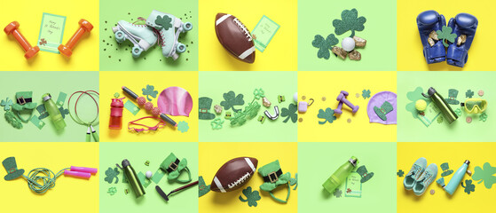 Collage of sports equipment and symbols of St. Patrick's Day on yellow and green backgrounds