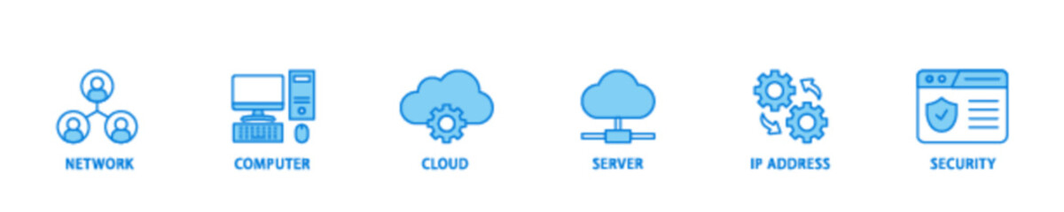 Network technology banner web icon illustration concept with icon of network, computer, cloud, server, ip address and security icon live stroke and easy to edit 