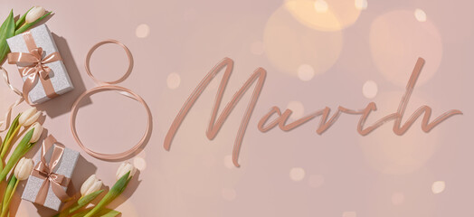 Text 8 MARCH, gift boxes and beautiful tulips on beige background. International Women's Day