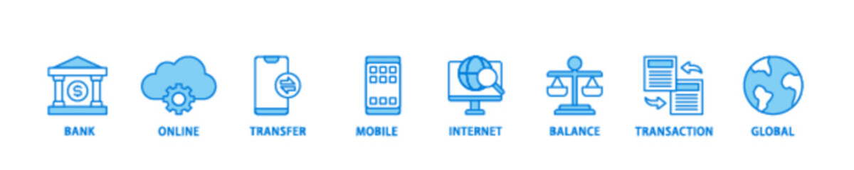 Online banking icon set flow process illustrationwhich consists of account, online payment, transfer funds, mobile banking, internet banking, balance check icon live stroke and easy to edit 