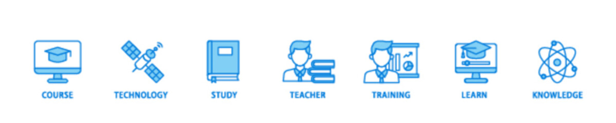 Online education icon set flow process illustrationwhich consists of course, technology, study, teacher, training, learn and knowledge icon live stroke and easy to edit 
