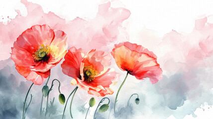 Watercolor illustration of red poppies in the field. Watercolor paper texture visible.