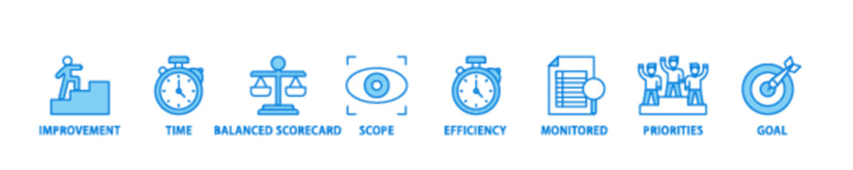 Performance management icon set flow process illustrationwhich consists of improvement, time, balanced scorecard, scope, efficiency icon live stroke and easy to edit 