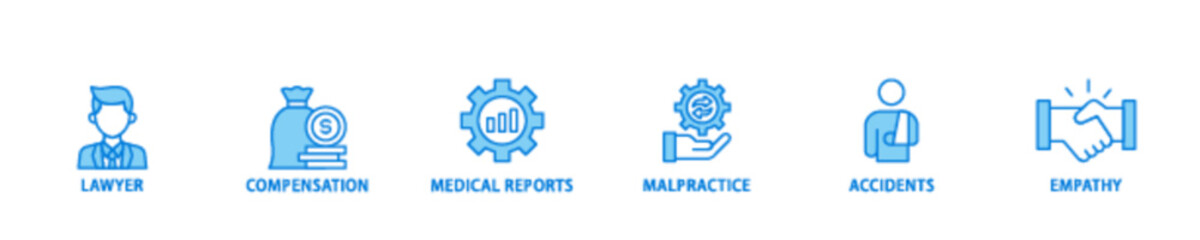 Personal injury law icon set flow process illustrationwhich consists of malpractice, empathy, accidents, medical reports, compensation, lawyer icon live stroke and easy to edit 