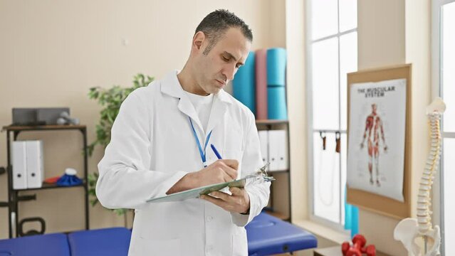 A focused hispanic male therapist reviews patient notes in a well-lit physical therapy clinic.