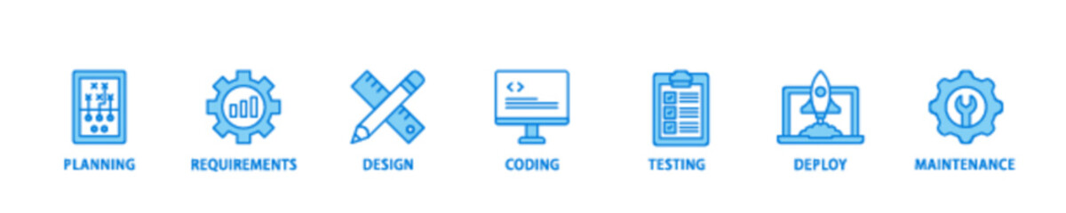 Software development banner web icon illustration concept with icon of planning, requirements, design, coding, testing, deploy and maintenance icon live stroke and easy to edit 