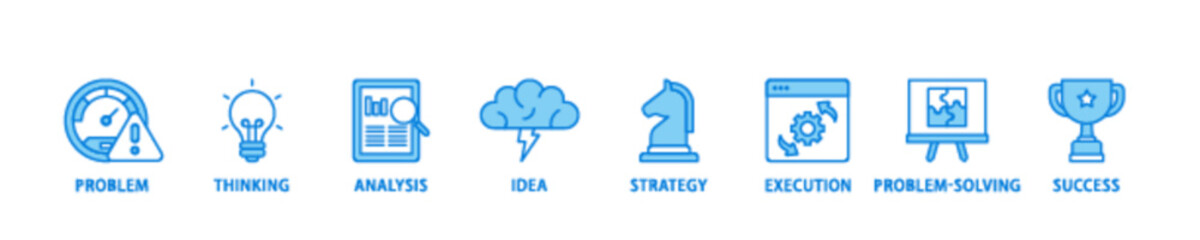 Solution banner web icon illustration concept with icon of problem, thinking, analysis, idea, strategy, execution, problem solving, success icon live stroke and easy to edit 