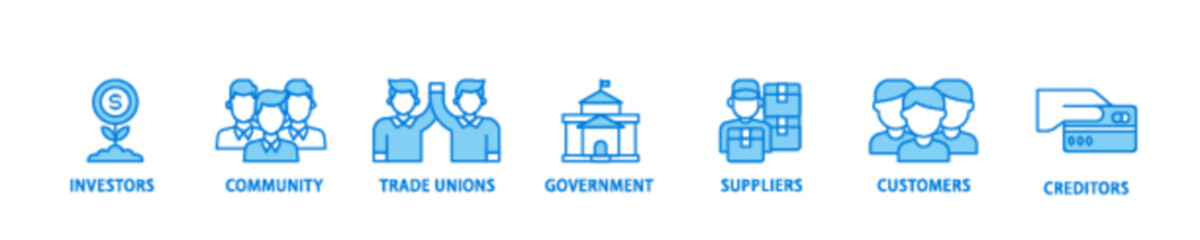 Stakeholder banner web icon illustration concept with icon of community, trade unions, suppliers, and customers icon live stroke and easy to edit 