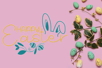 Easter greeting card with eggs and branches on pink background