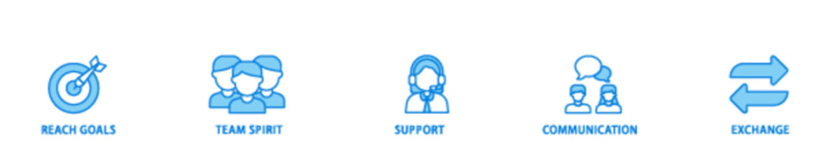 Working together banner web icon illustration concept with icon of collaboration, reach goals, team spirit, support, communication, and exchange icon live stroke and easy to edit 