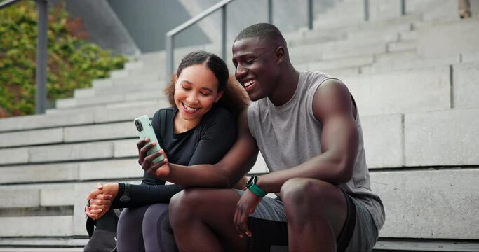 Fitness, video call and friends with phone outdoor, wave or conversation by steps for sport. Smartphone, hello or happy people in city for online streaming, peace sign or personal trainer greeting