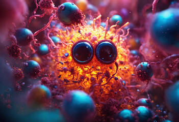Fototapeta premium Funny globular eyed monster virus. Virus in the form of an cute monstrous character.