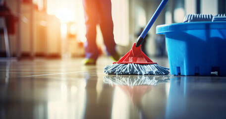 Mop cleaning, floor mop, floor washing, cleaning concept, close-up, wet mop home, blurry background, housework - obrazy, fototapety, plakaty