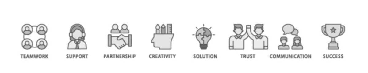 Collaboration banner web icon illustration concept with icon of teamwork, support, partnership, creativity, solution, trust, communication, success icon live stroke and easy to edit 