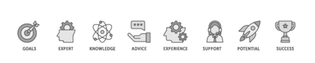 Consulting banner web icon illustration concept with icon of goals, expert, knowledge, advice, experience, support, potential, and success icon live stroke and easy to edit 