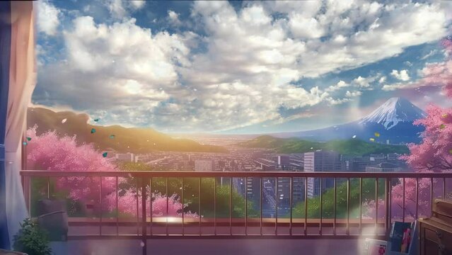 Balcon view with mountain and spring season, landscape view through an open door, depicted in an enchanting anime watercolor painting style. Seamless looping virtual video animation