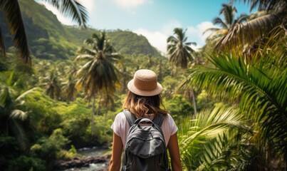 Tropical Adventure: A Happy Tourist Woman, Back View, Explores the Lush Hana Highway with Waterfalls and Sunlight Filtering Through Palm Trees, Creating a Serene Vacation Hiking Memory.

