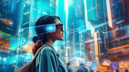 Futuristic Integration, Girl Engaging with Augmented Reality in Urban Landscape