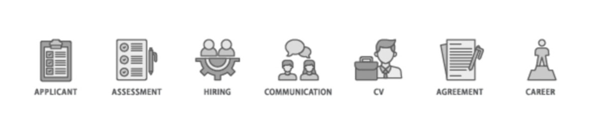 Job interview banner web icon illustration concept with icon of applicant, assessment, hiring, communication, cv, agreement and career icon live stroke and easy to edit 