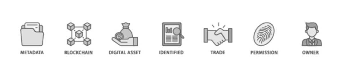 Nft banner web icon illustration concept with icon of metadata, blockchain, digital asset, identified, trade, permission and owner icon live stroke and easy to edit 