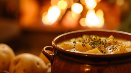 A happy bowl with an inviting smile overflowing with a rich and indulgent potato soup. The warm glow from the fireplace radiates comfort and coziness.
