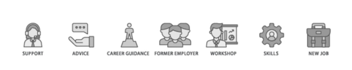 Outplacement banner web icon illustration concept with icon of mer employer, workshop, skills, new job, training, and presentation icon live stroke and easy to edit 