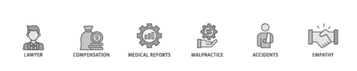 Personal injury law banner web icon illustration concept with icon of malpractice, empathy, accidents, medical reports, compensation, lawyer icon live stroke and easy to edit 