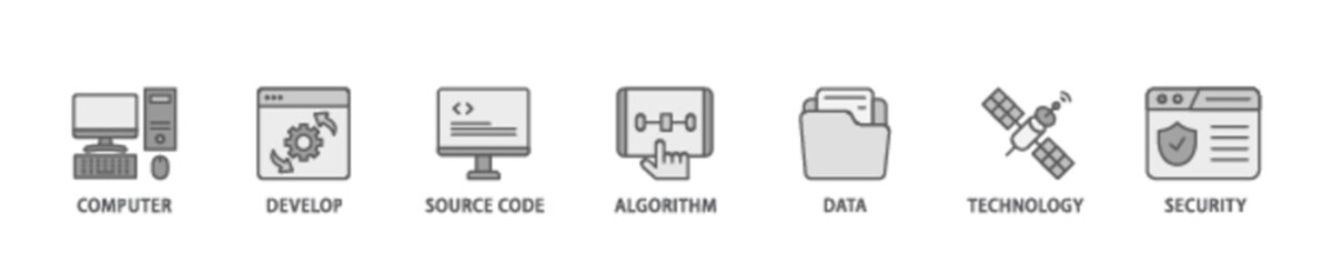 Programming banner web icon illustration concept with icon of computer, develop, source code, algorithm, data, technology and security icon live stroke and easy to edit 