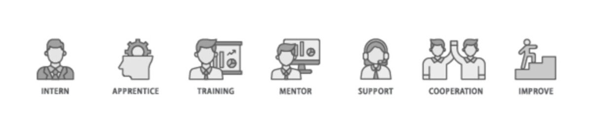 Trainee banner web icon illustration concept with icon of intern, apprentice, training, mentor, support, cooperation and improve icon live stroke and easy to edit 