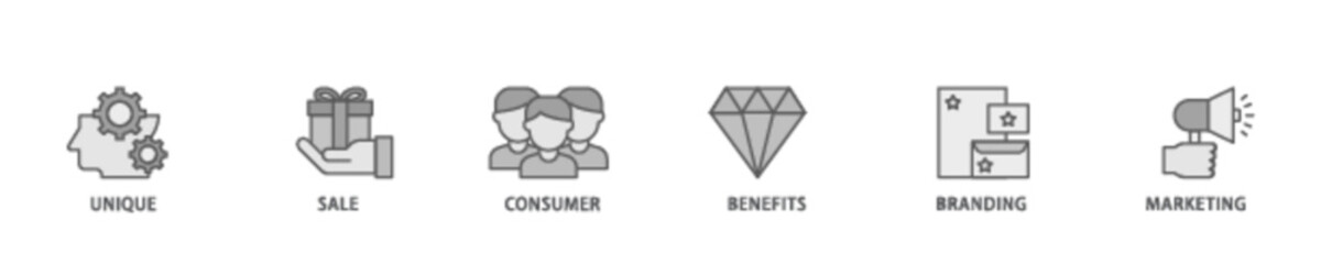 USP banner web icon illustration concept with icon of unique, sale, consumer, benefits, branding, and marketing icon live stroke and easy to edit 