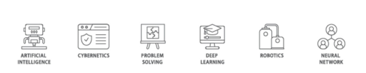 AI icon set flow process illustrationwhich consists of cybernetics, problem solving, deep learning, machine learning, robotics and neural network icon live stroke and easy to edit 