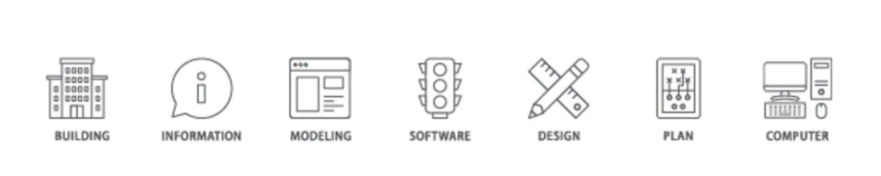BIM icon set flow process illustrationwhich consists of building, information, modeling, software, design, plan, and computer icon live stroke and easy to edit 