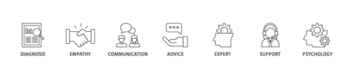 Counseling icon set flow process illustrationwhich consists of diagnosis, empathy, communication, therapy, advice, expert, and support icon live stroke and easy to edit 