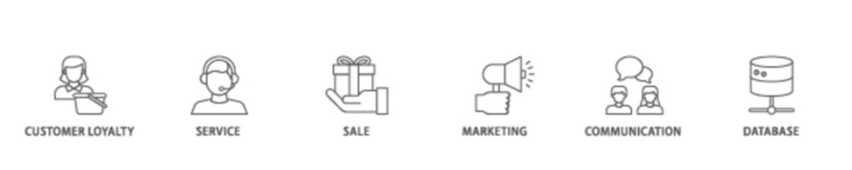 CRM icon set flow process illustrationwhich consists of customer loyalty, service, sale, marketing, communication, and database icon live stroke and easy to edit 