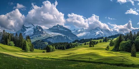 Fototapeta na wymiar Swiss Alps mountain range with lush forest valleys and meadows, countryside in Switzerland landscape. Snowy mountain tops in the horizon, travel destination wallpaper background