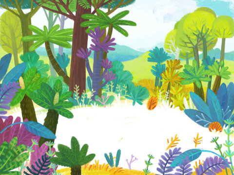 cartoon scene with forest jungle meadow wildlife zoo scenery illustration for children