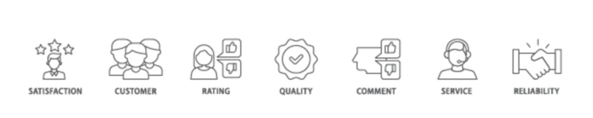 Feedback icon set flow process illustrationwhich consists of satisfaction, customer, rating, quality, comment, service and reliability icon live stroke and easy to edit 