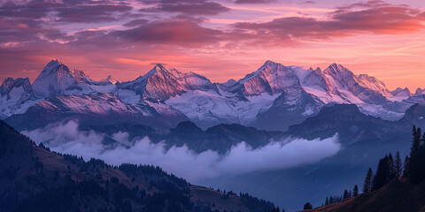 Swiss Alps snowy mountain range with valleys and meadows, Switzerland landscape. Golden hour sunset, serene idyllic panorama, majestic nature, relaxation, calmness concept - obrazy, fototapety, plakaty