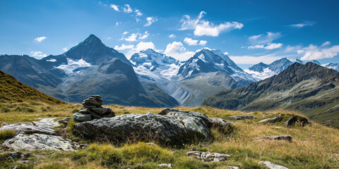 Swiss Alps mountain range with lush forest valleys and meadows, countryside in Switzerland landscape. Snowy mountain tops in the horizon, travel destination wallpaper background
