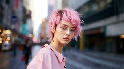 おしゃれな街に立つ個性的な女性のポートレート