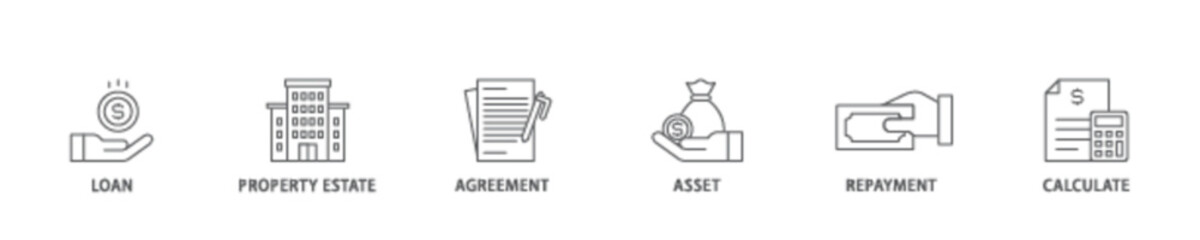 Mortgage icon set flow process illustrationwhich consists of loan, property estate, agreement, asset, repayment and calculate icon live stroke and easy to edit 