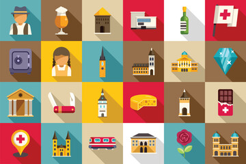 Bern icons set flat vector. City capital. Canton swiss emblem - obrazy, fototapety, plakaty