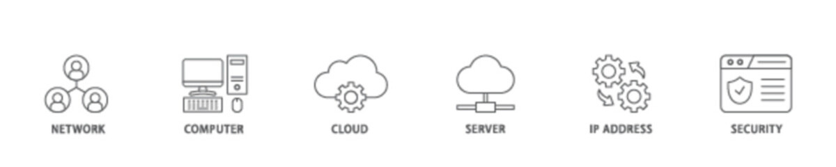 Network technology icon set flow process illustrationwhich consists of network, computer, cloud, server, ip address and security icon live stroke and easy to edit 