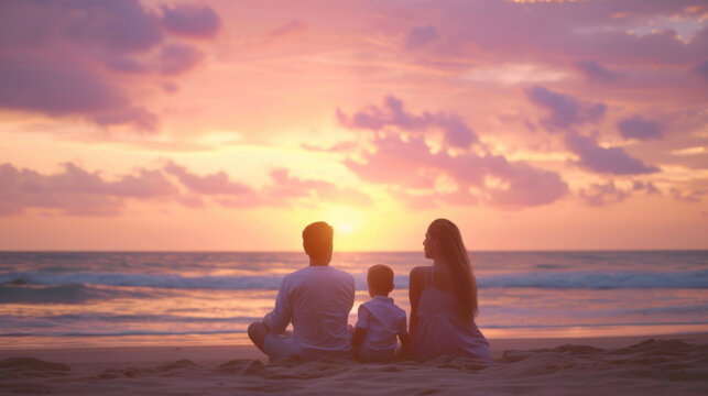 A family sitting on the beach watching the sun sink into the horizon and painting the sky with shades of pink purple and orange.