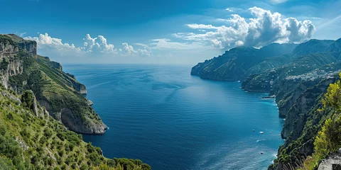 Foto op Canvas Amalfi coast coastline in Sorrentine Peninsula, Campania region, Italy. Holiday destination shoreline with hills, beaches, and cliffs, sea view, blue sky day wallpaper background © Ars Nova